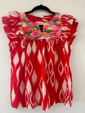 THML Embroidered Red Ikat Ruffle Sleeve Blouse
